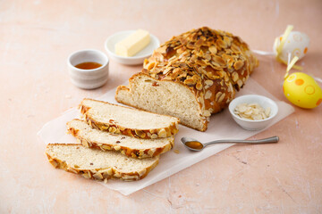 Sweet almond bread with honey and butter