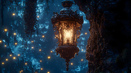 Magical Golden Lantern In Dark Forest