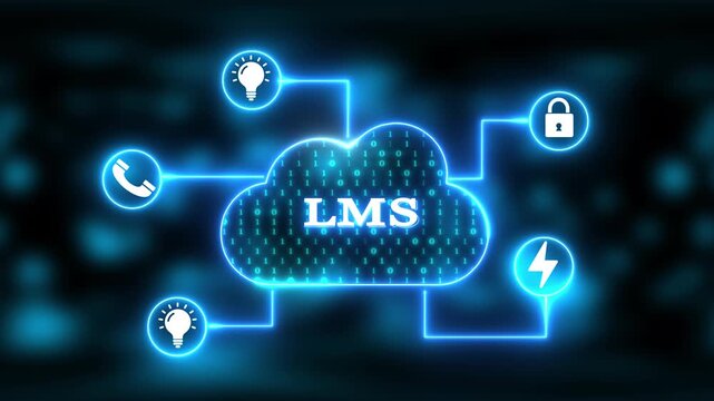 Cloud Computing LMS Network with Icons for Security, Communication, and Growth technology data