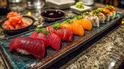 Assorted sushi selection showcased on an elegant platter in soft lighting