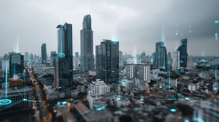 An aerial cityscape view of a modern metropolis, overlaid with digital network connections, showcasing futuristic city planning.