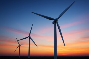 Obraz premium Wind turbines on a serene landscape with colorful sky during sunset, clean energy concept with a natural abstract light background focus. Ai generative