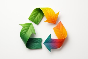 Colorful leaf arrows forming a recycling symbol on white background, representing sustainability and eco-friendly concepts in creative style. Ai generative
