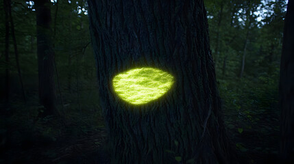 Glowing Yellow Spot On Tree Trunk In Dark Forest