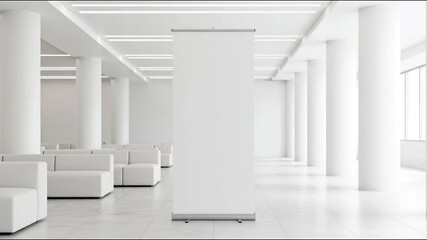 Blank roll-up banner mockup standing in a spacious and modern white exhibition hall or office lobby for advertising presentation. - Powered by Adobe