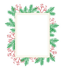 Christmas Frame with Pine Branches and Red Berries – Holiday Border Template