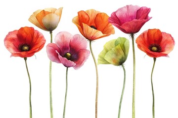 Elegant watercolor painting of seven colorful poppies isolated on a white background
