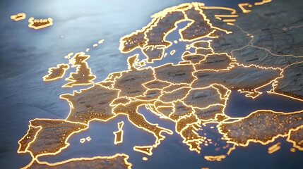 Europe Map With Golden Illuminated Borders