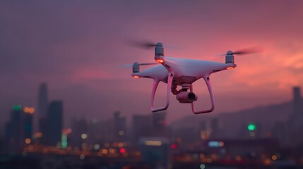 A modern drone gracefully ascends above a cityscape at dusk, illuminated by a soft, vibrant sunset.