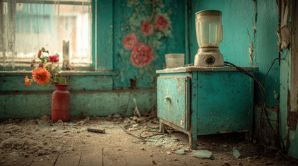 Derelict corner cabinet with unbranded blender and faded flowers