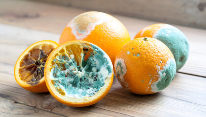 Rotten Sunkist oranges with mold and advanced decay macro photo