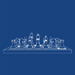 A minimalist chessboard featuring white chess pieces in a strategic formation against a blue background
