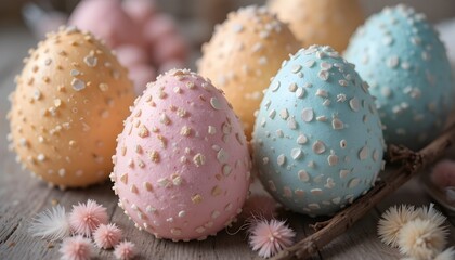 Des œufs de Pâques pastel, des plumes délicates et une branche.