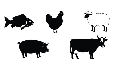 Collection of black silhouettes of farm animals and fish including a chicken sheep pig cow and a goldfish on a white background