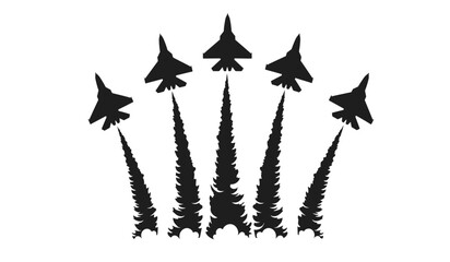 A striking silhouette of a squadron of fighter jets performing a dramatic aerial maneuver leaving behind white smoke trails against a stark white background