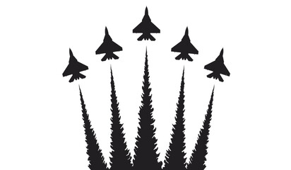 Five silhouette fighter jets flying in formation creating smoke trails against a white background symbolizing power and precision © rsvect02