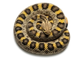 Obraz premium Coiled yellow and black patterned snake on white background