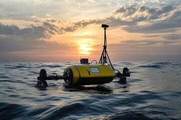 Underwater drone operates at sunset on open water near coastal area