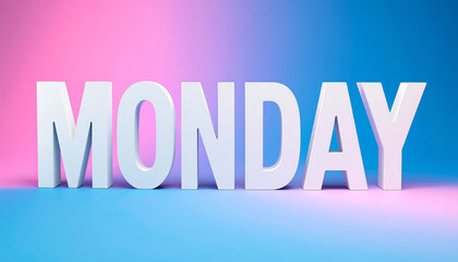 Word MONDAY on pastel pink and blue background. Day of the week. Minimalist design.