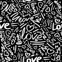 Romantic seamless pattern with handwritten word love and hearts on black background