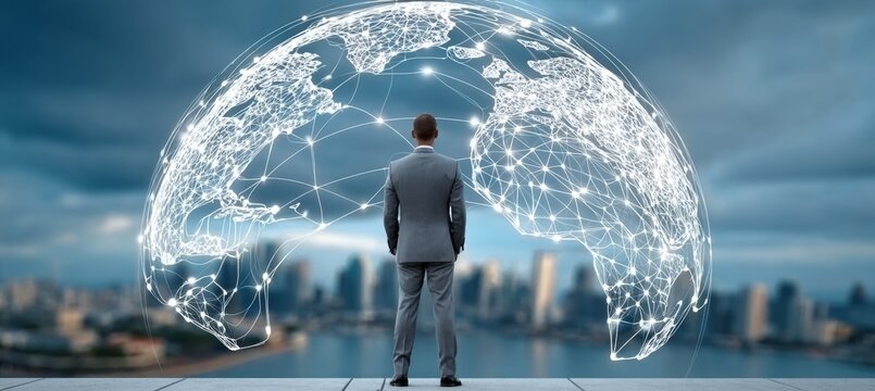Visionary Business Leader Gazing at a Global Network, Contemplating Future Growth and Connectivity - Powered by Adobe