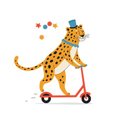 Cartoon leopard riding a scooter for circus branding and children’s event promotions