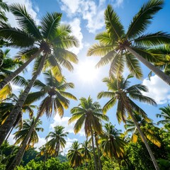 Lush tropical palm trees reach towards a vibrant blue sky filled with fluffy clouds, showcasing a radiant sun.