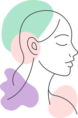 Elegant minimalist line drawing of a woman face profile with abstract pastel shapes. Perfect for modern wall art, posters, prints, home decor, fashion, and contemporary design projects.