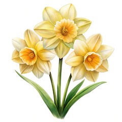 Beautiful watercolor painting of three yellow daffodils with green stems and leaves