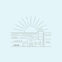 Obraz premium Minimalist illustration of a farm at sunrise with a barn, silo, and fields, evoking tranquility and rural life