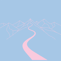 Serene landscape featuring stylized mountains and a winding river under a clear blue sky, ideal for relaxation themes