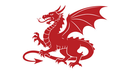 A striking red dragon in a powerful dynamic pose with outstretched wings and sharp claws symbolizing strength and mythical legend against a clean white background