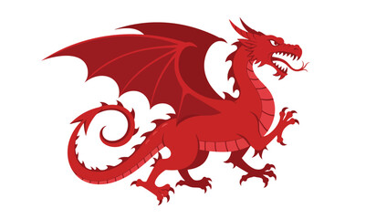 A fierce red dragon with large wings and sharp claws depicted in a dynamic pose symbolizing power and mythology against a white background