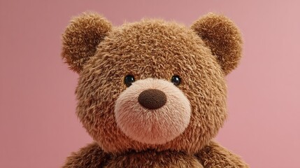 Fototapeta premium Plush brown teddy bear with dark eyes and a round nose against pink background