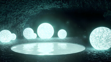Glowing Spheres Over Water Reflection