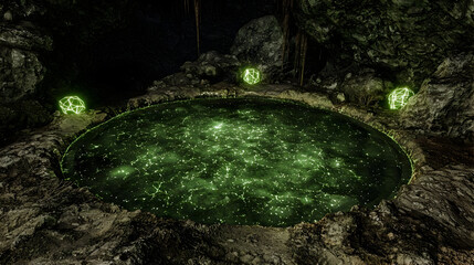 Glowing Green Pool In Dark Cave