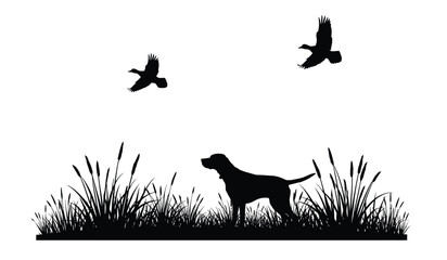 Silhouette of a hunting dog standing alert in tall grass with two birds flying overhead in a clear sky during a hunting expedition