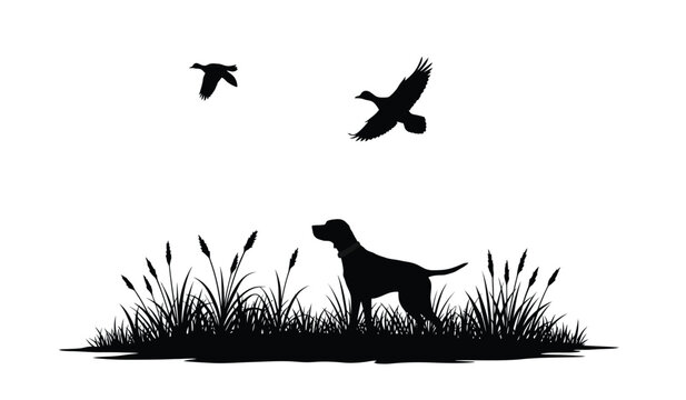 Silhouette of a pointer dog in tall grass pointing at two flying birds in a field during a hunting expedition