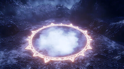 Glowing Pink Circle Pattern On Misty Mountains Background