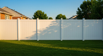A view of a white vinyl fence in a backyard with green grass and houses in the background under a blue sky