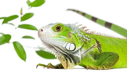 Close-up of a vibrant green iguana, with a leafy branch in the background, against a white background