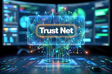 Digital concept of a Trust Net on a futuristic interface, featuring a glowing network of connected nodes and data visualizations.