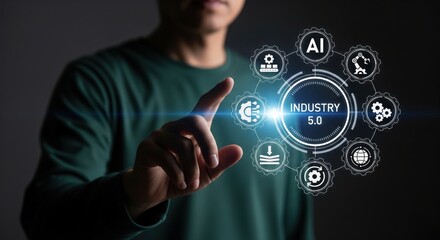 A person reaches to floating industry 5.0 icons arranged like gears in dark futuristic space, industry 5.0, manufacturing 5.0, 5.0 technology