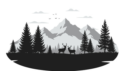 Majestic snow capped mountain range silhouetted against a cloudy sky with evergreen trees and two deer grazing peacefully in the foreground