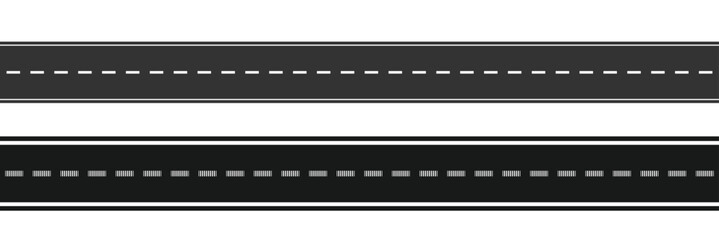 Asphalt road. Seamless straight highway with line. Street, roadway for car with yellow, white strips. Construction of track with lanes for direction. Ways of traffic. Vertical set of textures. Vector.