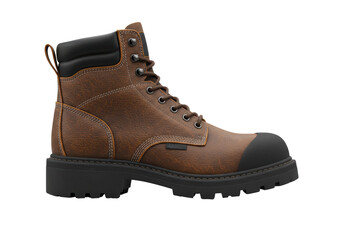 Isolated brown leather work boot with black sole, sturdy and durable footwear for men