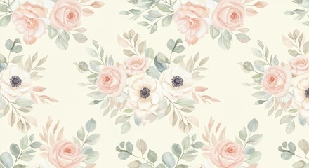 Watercolor Floral Pattern: Roses Anemones and Leaves.