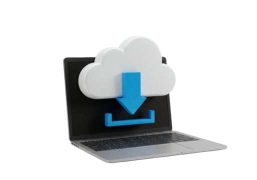 Isolated Laptop with Cloud Download Icon, Wireless Technology and Digital Access Concept
