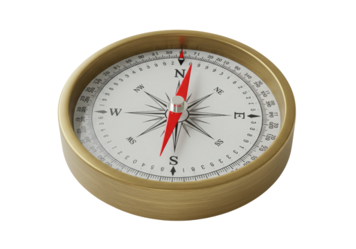 Isolated guidance tool featuring a classic brass exterior finish with magnetic needle pointing north