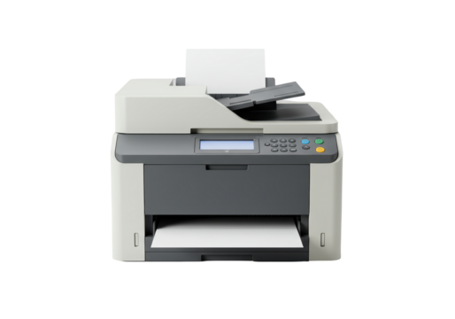 Isolated printer machine with paper ready for printing in office or home use, no background